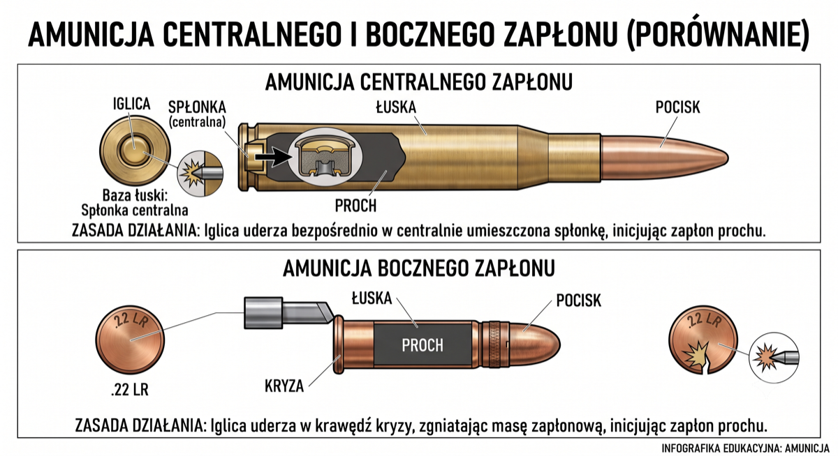 Porównanie naboju centralnego zapłonu ze spłonką w dnie łuski i naboju bocznego zapłonu .22 LR z masą zapłonową w kryzie.