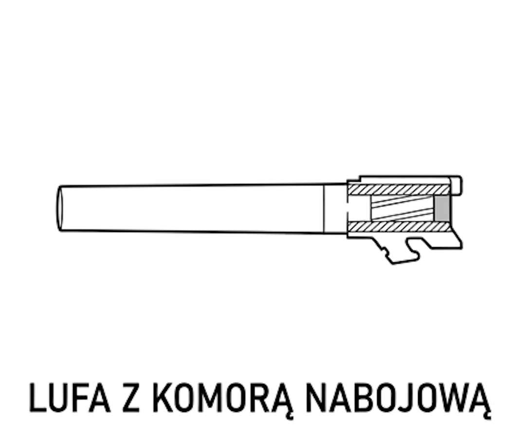 Przekrój lufy z zaznaczoną komorą nabojową.