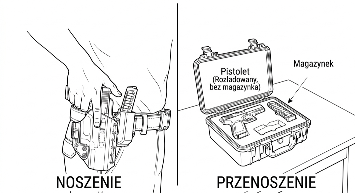 Porównanie noszenia pistoletu w kaburze przy pasie z przenoszeniem rozładowanego pistoletu w zamkniętej walizce.