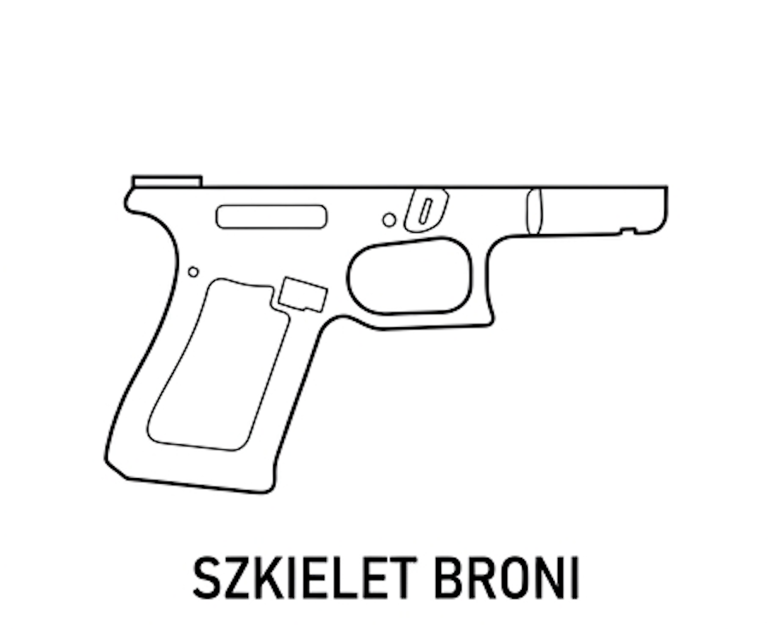 Pistolet z rozłożonym zamkiem i strzałką wskazującą szkielet broni.