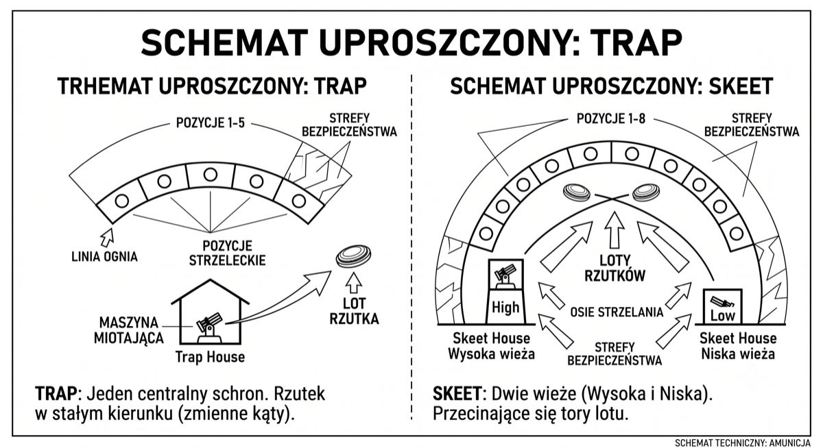 Uproszczone schematy konkurencji TRAP z jedną maszyną miotającą i SKEET z dwiema wieżami o przecinających się torach rzutków.